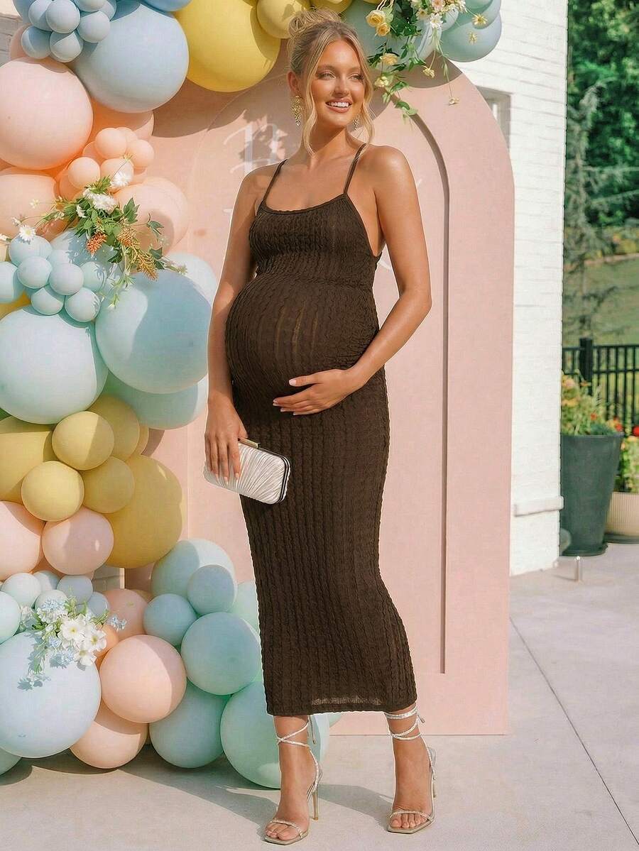 Maternity Brown Plaid Midi Cami Dress Sexy Backless Criss-Cross Slim Fit Knitted Pencil Dress for Night Out and Baby Shower