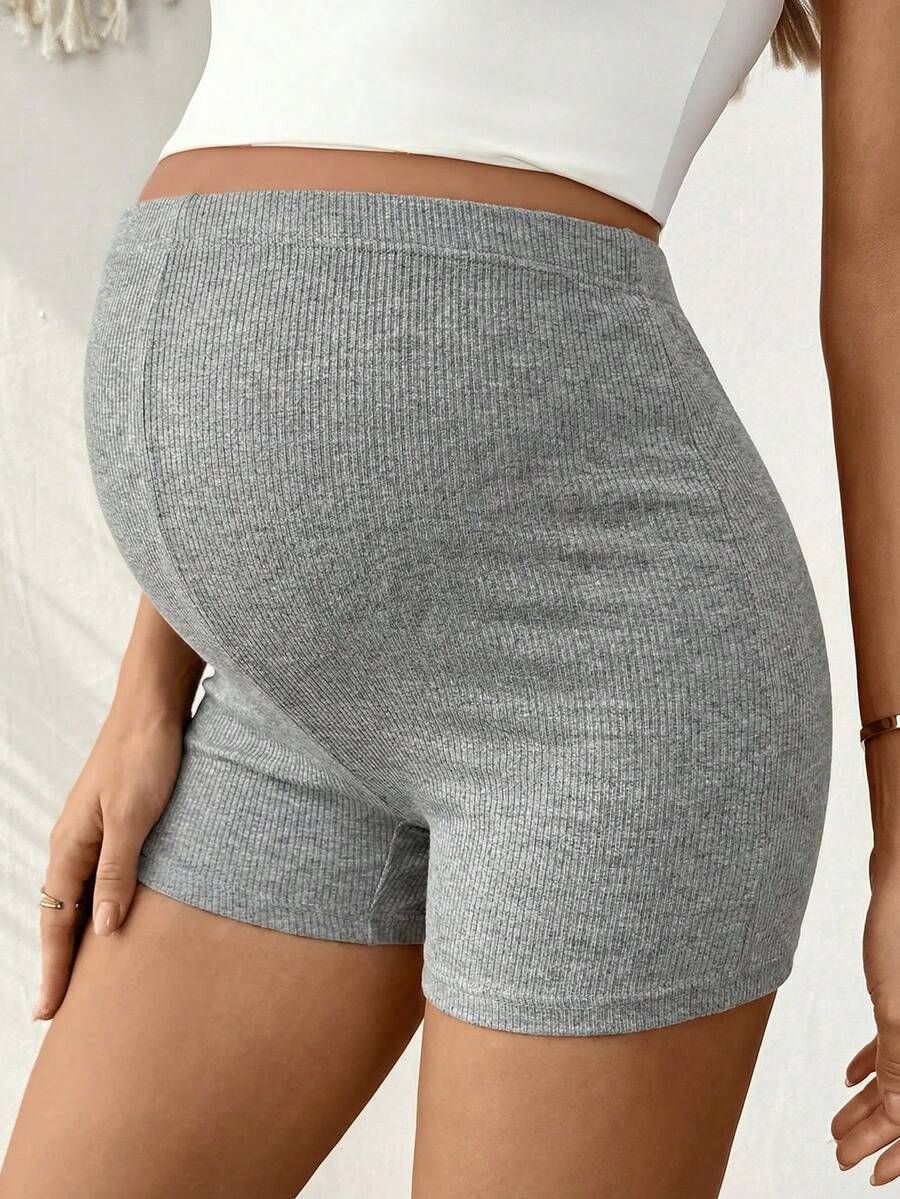 Maternity Striped Biker Shorts - Adjustable Waist Mid-Thigh Summer Casual
