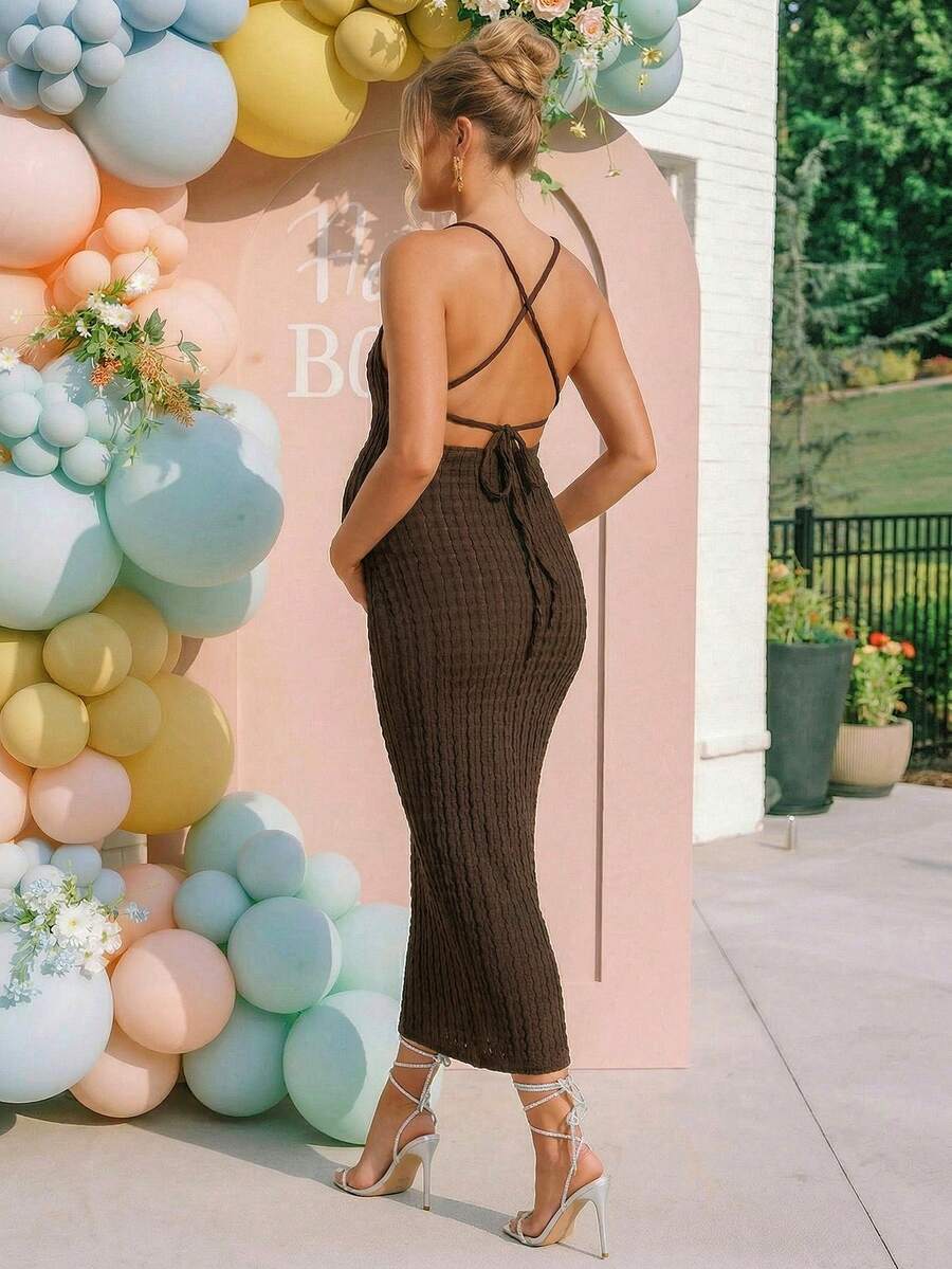Maternity Brown Plaid Midi Cami Dress Sexy Backless Criss-Cross Slim Fit Knitted Pencil Dress for Night Out and Baby Shower