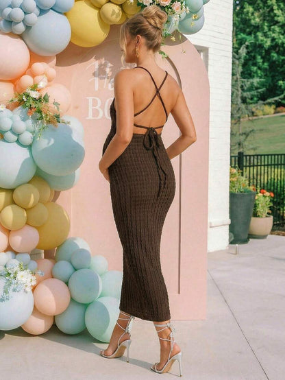Maternity Brown Plaid Midi Cami Dress Sexy Backless Criss-Cross Slim Fit Knitted Pencil Dress for Night Out and Baby Shower