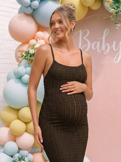 Maternity Brown Plaid Midi Cami Dress Sexy Backless Criss-Cross Slim Fit Knitted Pencil Dress for Night Out and Baby Shower