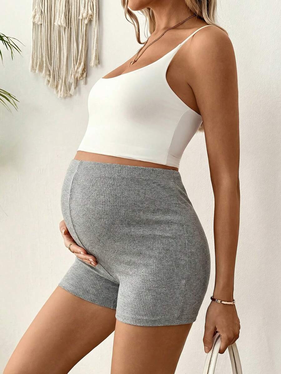 Maternity Striped Biker Shorts - Adjustable Waist Mid-Thigh Summer Casual