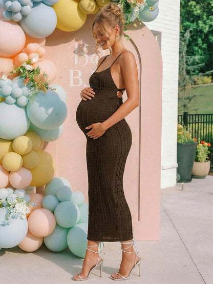 Maternity Brown Plaid Midi Cami Dress Sexy Backless Criss-Cross Slim Fit Knitted Pencil Dress for Night Out and Baby Shower