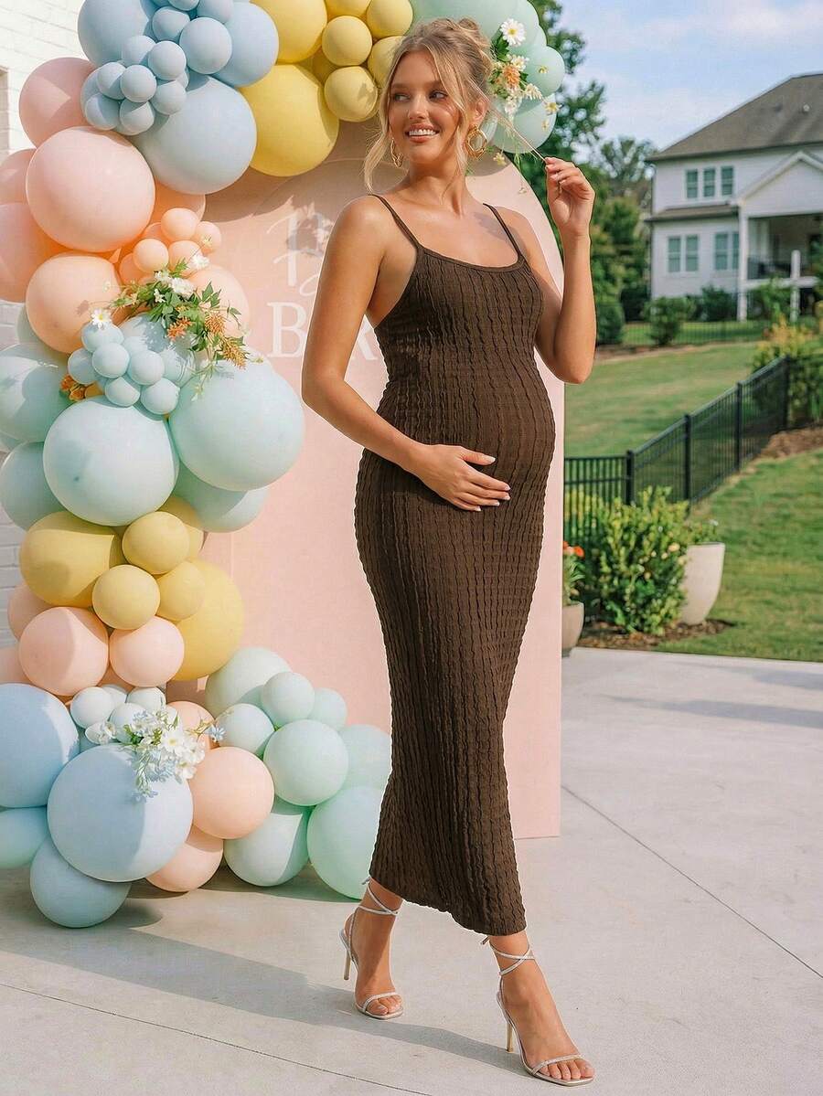 Maternity Brown Plaid Midi Cami Dress Sexy Backless Criss-Cross Slim Fit Knitted Pencil Dress for Night Out and Baby Shower