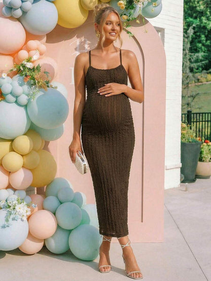 Maternity Brown Plaid Midi Cami Dress Sexy Backless Criss-Cross Slim Fit Knitted Pencil Dress for Night Out and Baby Shower