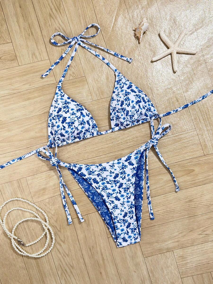 Swim Vcay Women's Summer Beach Contrast Color Halter Tie Sexy Bikini And Triangle Panty Swimwear Set Blue Bikini Yacht Party Outfit Vacation Bikini Boat Party Outfit Women Tie Side Bikini Triangle Bikini Set Light Blue Bikini