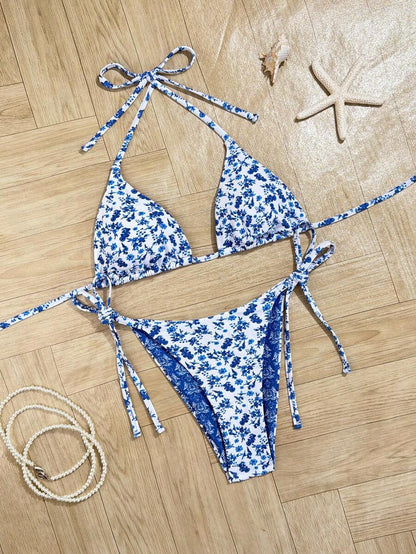 Swim Vcay Women's Summer Beach Contrast Color Halter Tie Sexy Bikini And Triangle Panty Swimwear Set Blue Bikini Yacht Party Outfit Vacation Bikini Boat Party Outfit Women Tie Side Bikini Triangle Bikini Set Light Blue Bikini