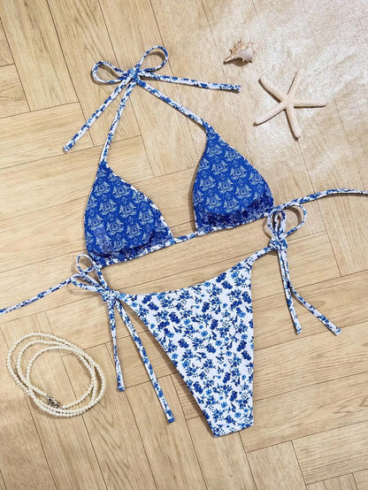 Swim Vcay Women's Summer Beach Contrast Color Halter Tie Sexy Bikini And Triangle Panty Swimwear Set Blue Bikini Yacht Party Outfit Vacation Bikini Boat Party Outfit Women Tie Side Bikini Triangle Bikini Set Light Blue Bikini