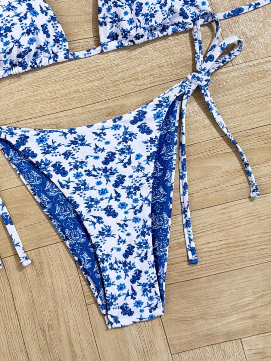 Swim Vcay Women's Summer Beach Contrast Color Halter Tie Sexy Bikini And Triangle Panty Swimwear Set Blue Bikini Yacht Party Outfit Vacation Bikini Boat Party Outfit Women Tie Side Bikini Triangle Bikini Set Light Blue Bikini