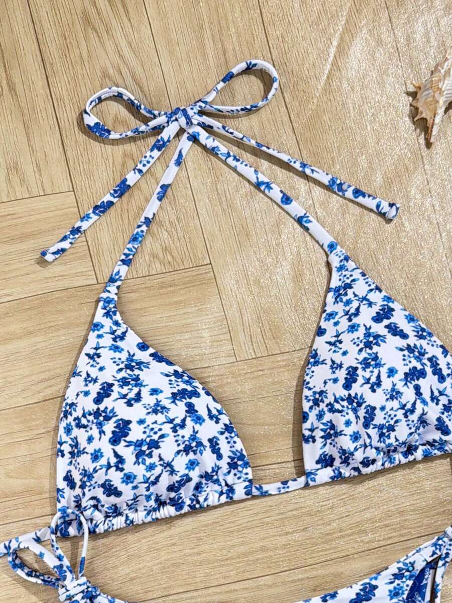 Swim Vcay Women's Summer Beach Contrast Color Halter Tie Sexy Bikini And Triangle Panty Swimwear Set Blue Bikini Yacht Party Outfit Vacation Bikini Boat Party Outfit Women Tie Side Bikini Triangle Bikini Set Light Blue Bikini