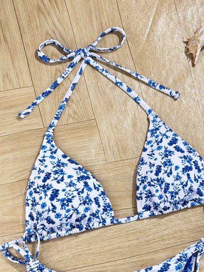 Swim Vcay Women's Summer Beach Contrast Color Halter Tie Sexy Bikini And Triangle Panty Swimwear Set Blue Bikini Yacht Party Outfit Vacation Bikini Boat Party Outfit Women Tie Side Bikini Triangle Bikini Set Light Blue Bikini
