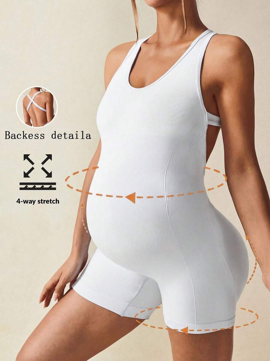 Maternity Casual Solid Color Sleeveless Backless Romper - Summer Outfit