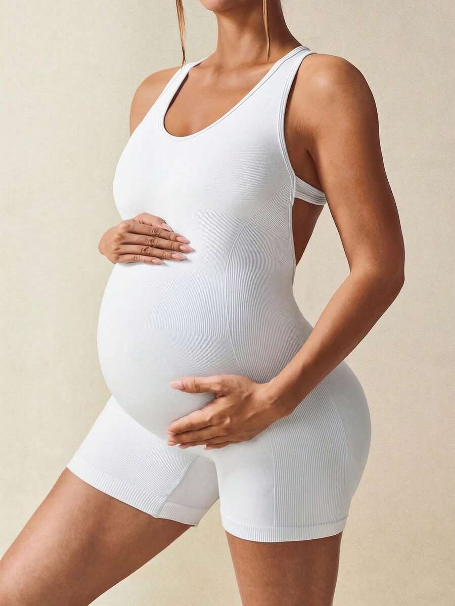 Maternity Casual Solid Color Sleeveless Backless Romper - Summer Outfit