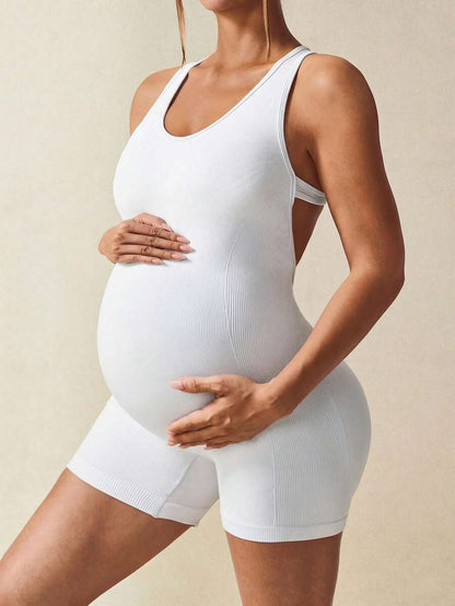 Maternity Casual Solid Color Sleeveless Backless Romper - Summer Outfit