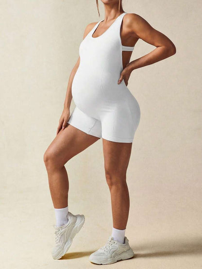 Maternity Casual Solid Color Sleeveless Backless Romper - Summer Outfit