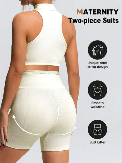 Khaki Maternity Solid Color Sports Suit - High Stretch Stand Collar Sleeveless Micro Crop Top and High Waist Shorts Set - Slim Fit Casual Two-Piece Set