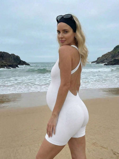 Maternity Casual Solid Color Sleeveless Backless Romper - Summer Outfit