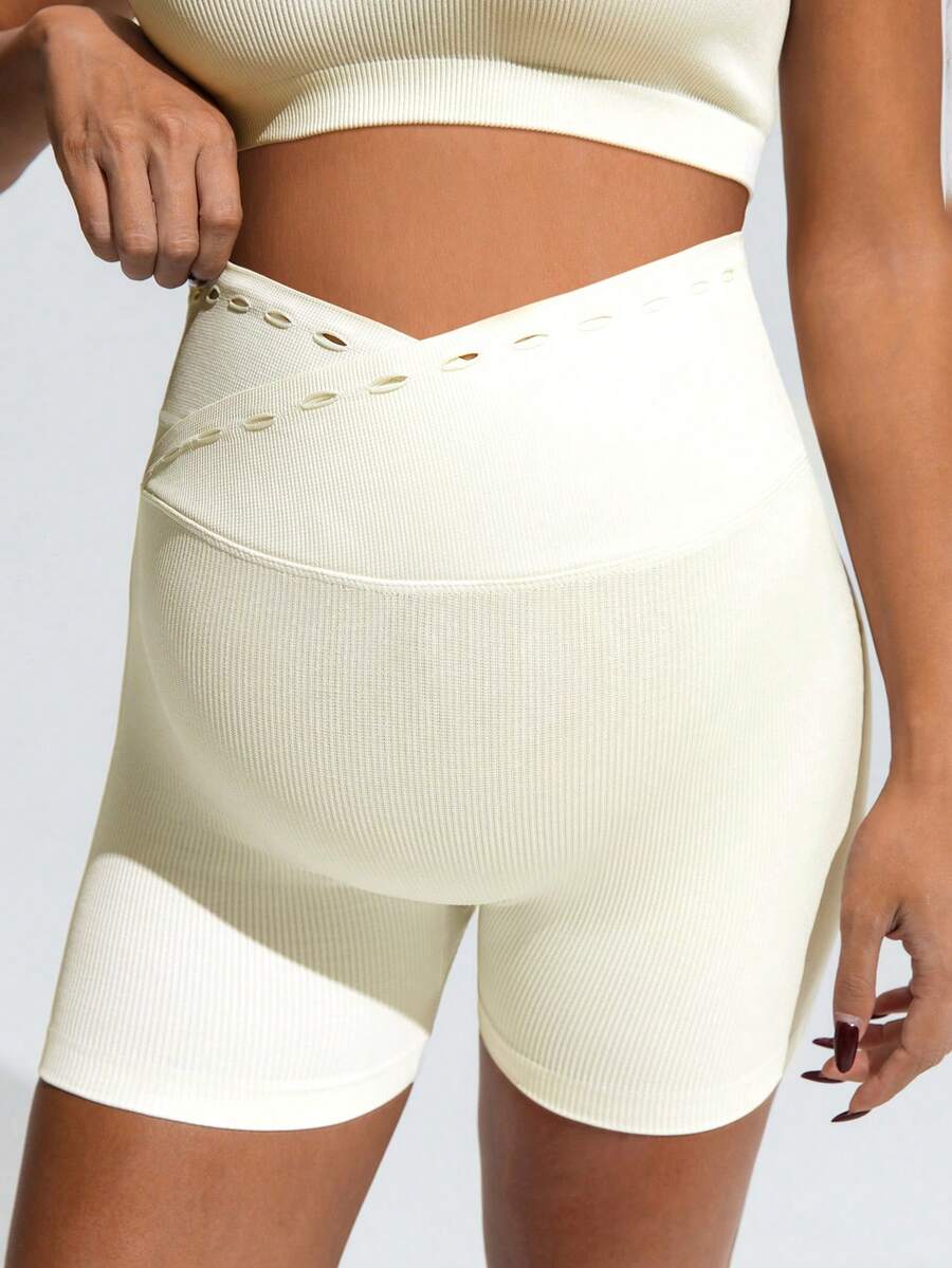 Khaki Maternity Solid Color Sports Suit - High Stretch Stand Collar Sleeveless Micro Crop Top and High Waist Shorts Set - Slim Fit Casual Two-Piece Set