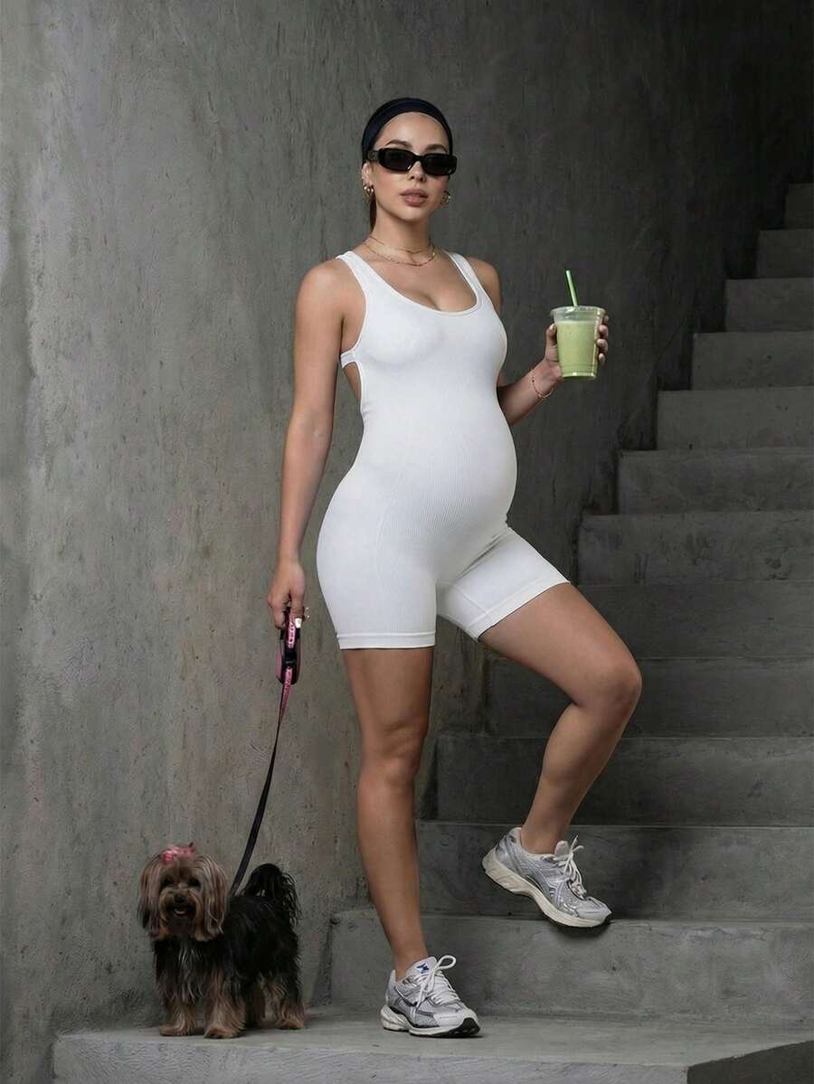 Maternity Casual Solid Color Sleeveless Backless Romper For Summer,Word Cup