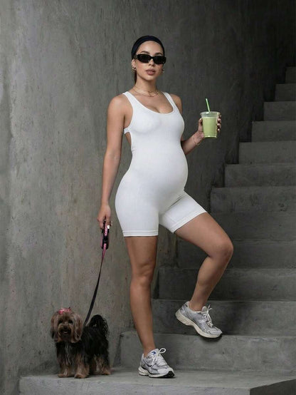 Maternity Casual Solid Color Sleeveless Backless Romper - Summer Outfit