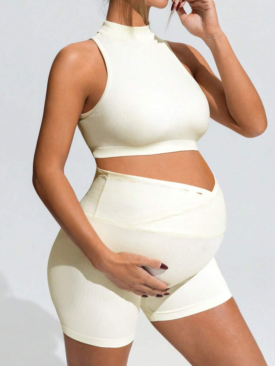 Khaki Maternity Solid Color Sports Suit - High Stretch Stand Collar Sleeveless Micro Crop Top and High Waist Shorts Set - Slim Fit Casual Two-Piece Set