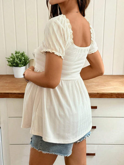 Apricot Sweetheart Neck Babydoll Maternity Top with Puff Petal Sleeves and Ruched Bust Flared Hem Casual Summer Vacation Crop Blouse