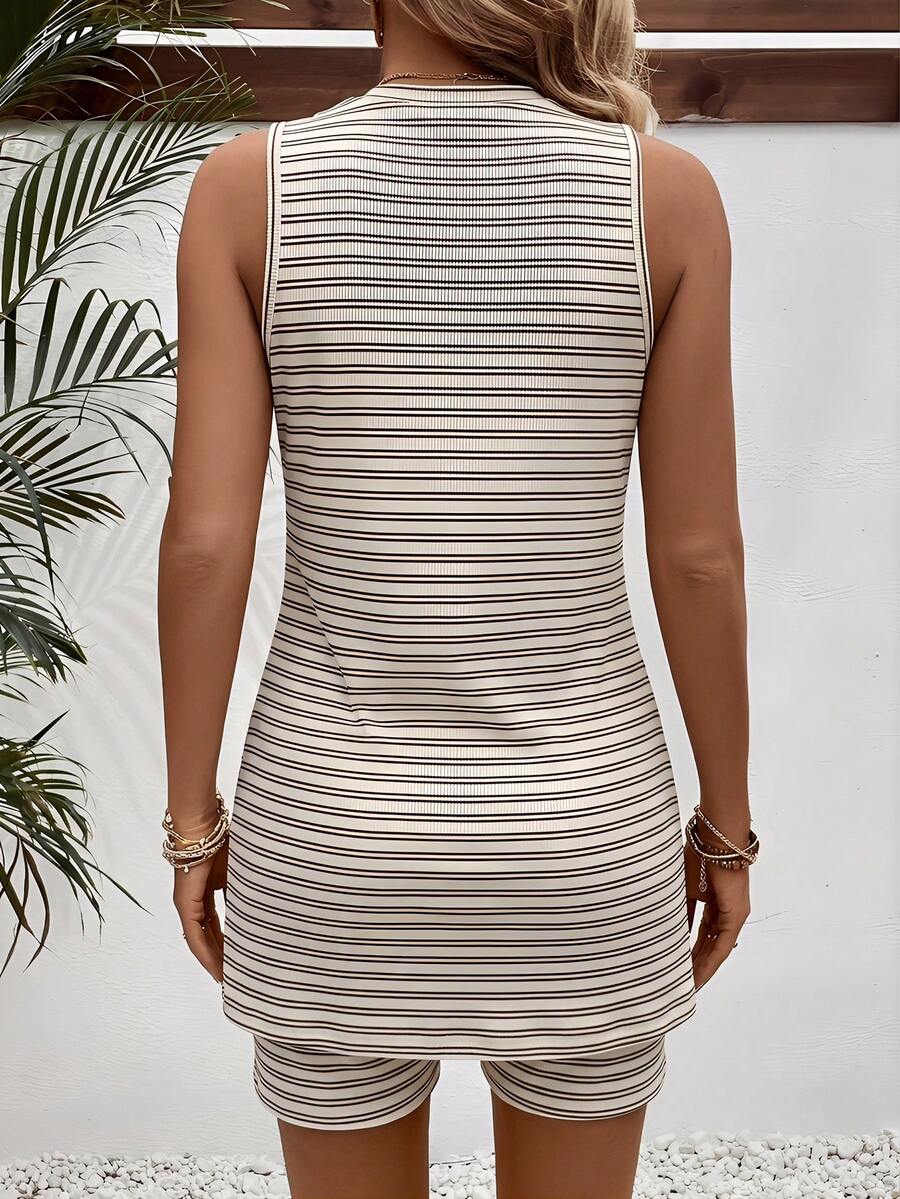Maternity 2-Piece Striped Camisole and Shorts Set High Stretch Round Neck Side Slit Casual Summer Lounge Outfit