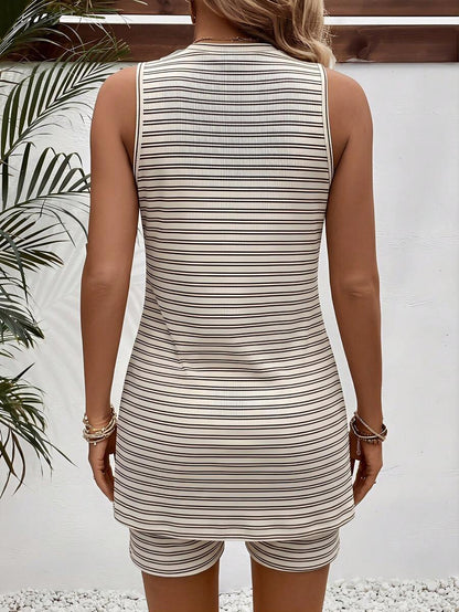 Maternity 2-Piece Striped Camisole and Shorts Set High Stretch Round Neck Side Slit Casual Summer Lounge Outfit