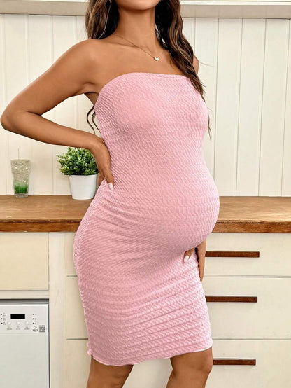 Pregnant Women's Casual Vacation Minimalist Solid Color Textured Fabric Fitted Tube Dress, Summer