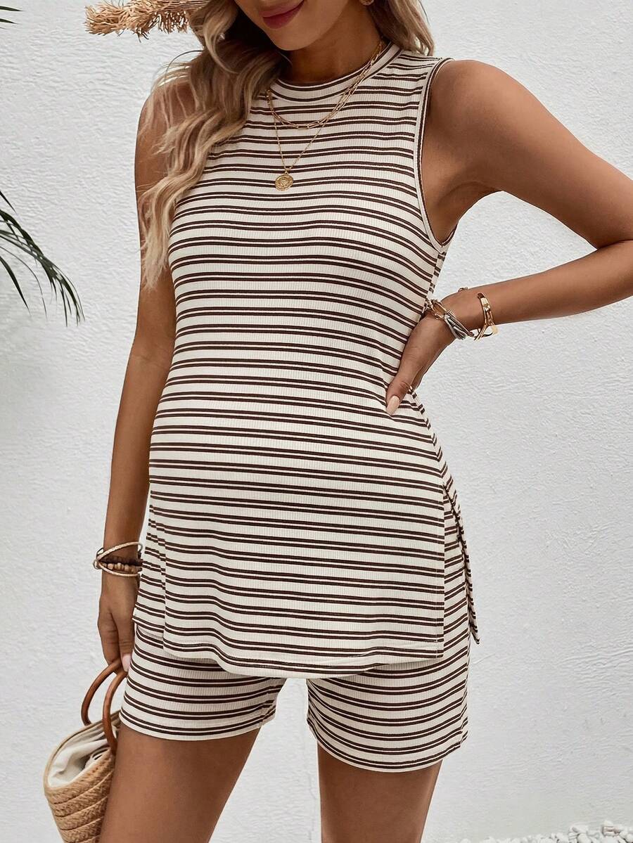 Maternity 2-Piece Striped Camisole and Shorts Set High Stretch Round Neck Side Slit Casual Summer Lounge Outfit