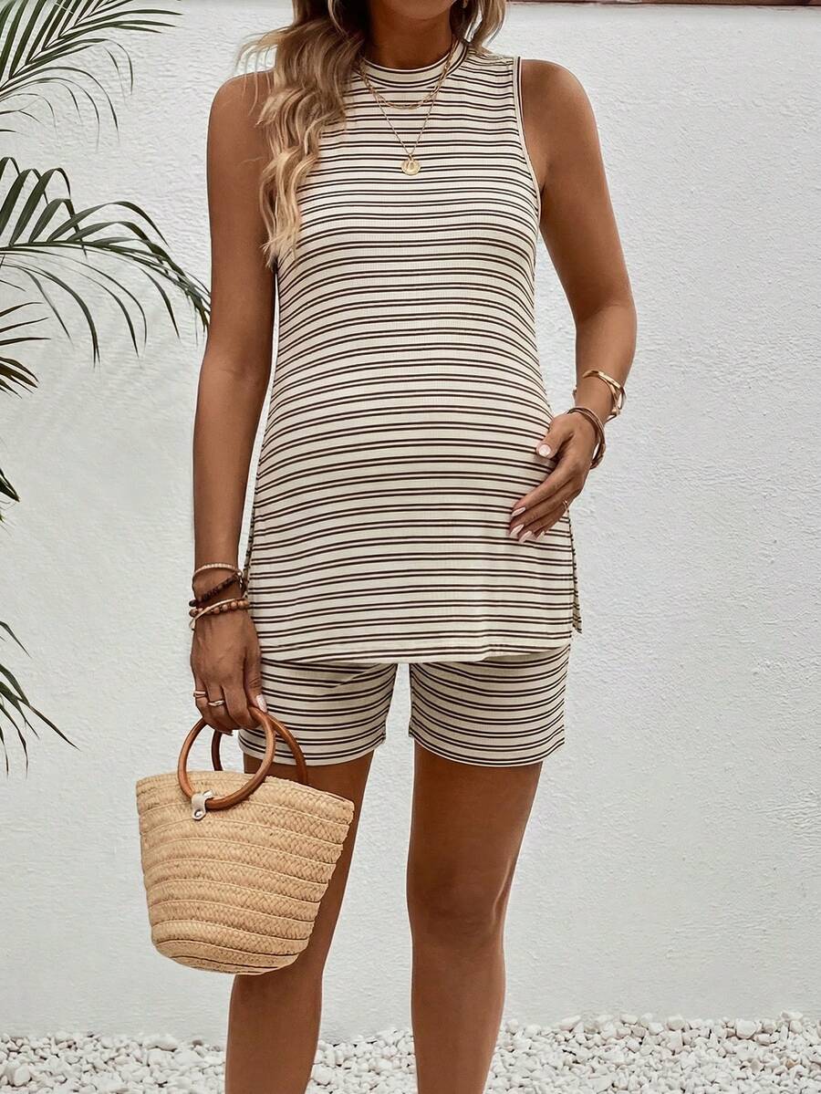 Maternity 2-Piece Striped Camisole and Shorts Set High Stretch Round Neck Side Slit Casual Summer Lounge Outfit