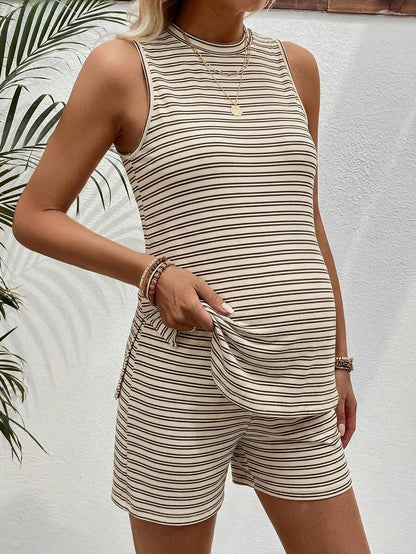 Maternity 2-Piece Striped Camisole and Shorts Set High Stretch Round Neck Side Slit Casual Summer Lounge Outfit