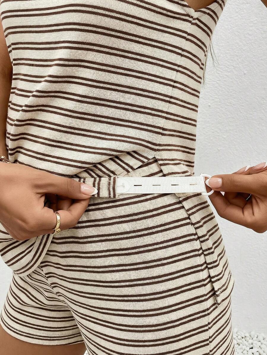 Maternity 2-Piece Striped Camisole and Shorts Set High Stretch Round Neck Side Slit Casual Summer Lounge Outfit