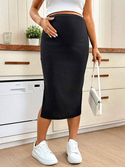 Black High Waist Maternity Pencil Skirt with Side Slit and Adjustable Waist – Stretchy Knee Length Casual Summer Knit Skirt