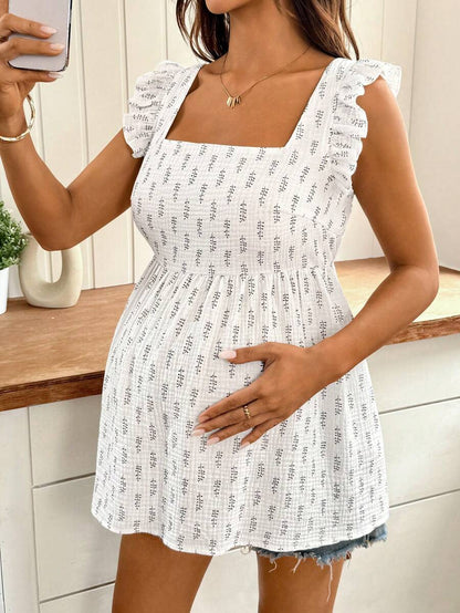 White Floral Print Maternity Peplum Top - Boho Sleeveless Straps Ruffle Hem Shirt - 100% Cotton Longline Summer Beach Top