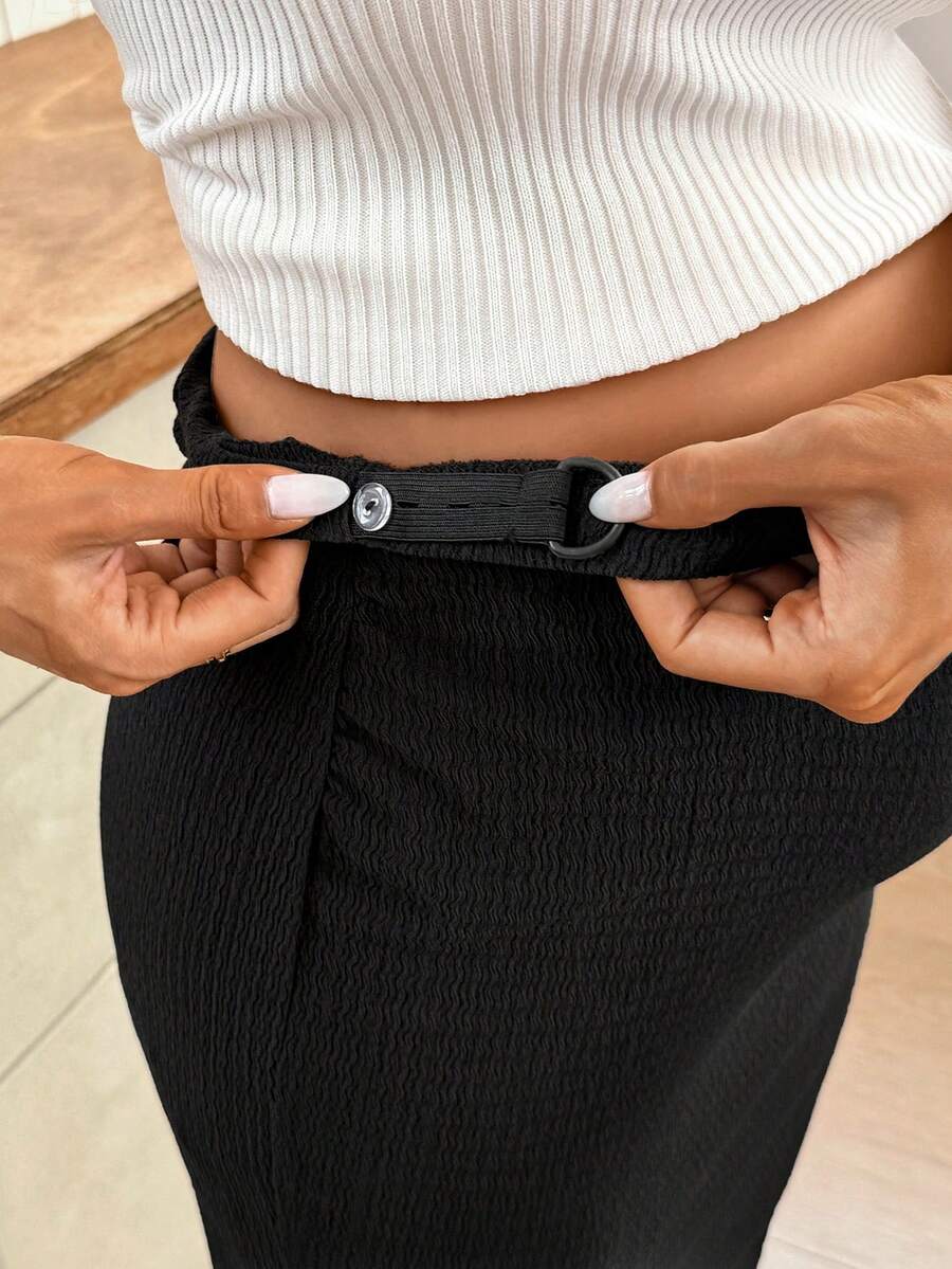 Black High Waist Maternity Pencil Skirt with Side Slit and Adjustable Waist – Stretchy Knee Length Casual Summer Knit Skirt