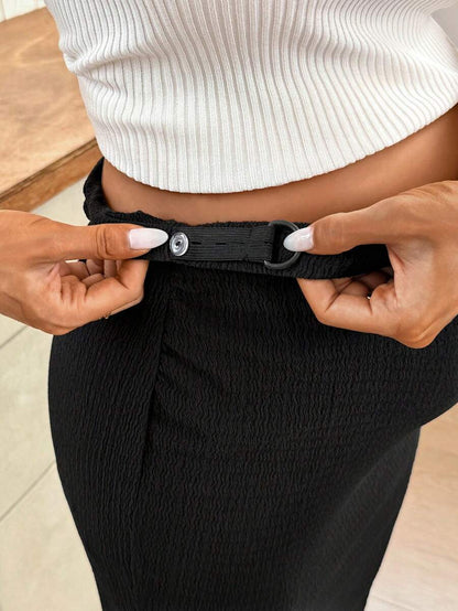 Black High Waist Maternity Pencil Skirt with Side Slit and Adjustable Waist – Stretchy Knee Length Casual Summer Knit Skirt