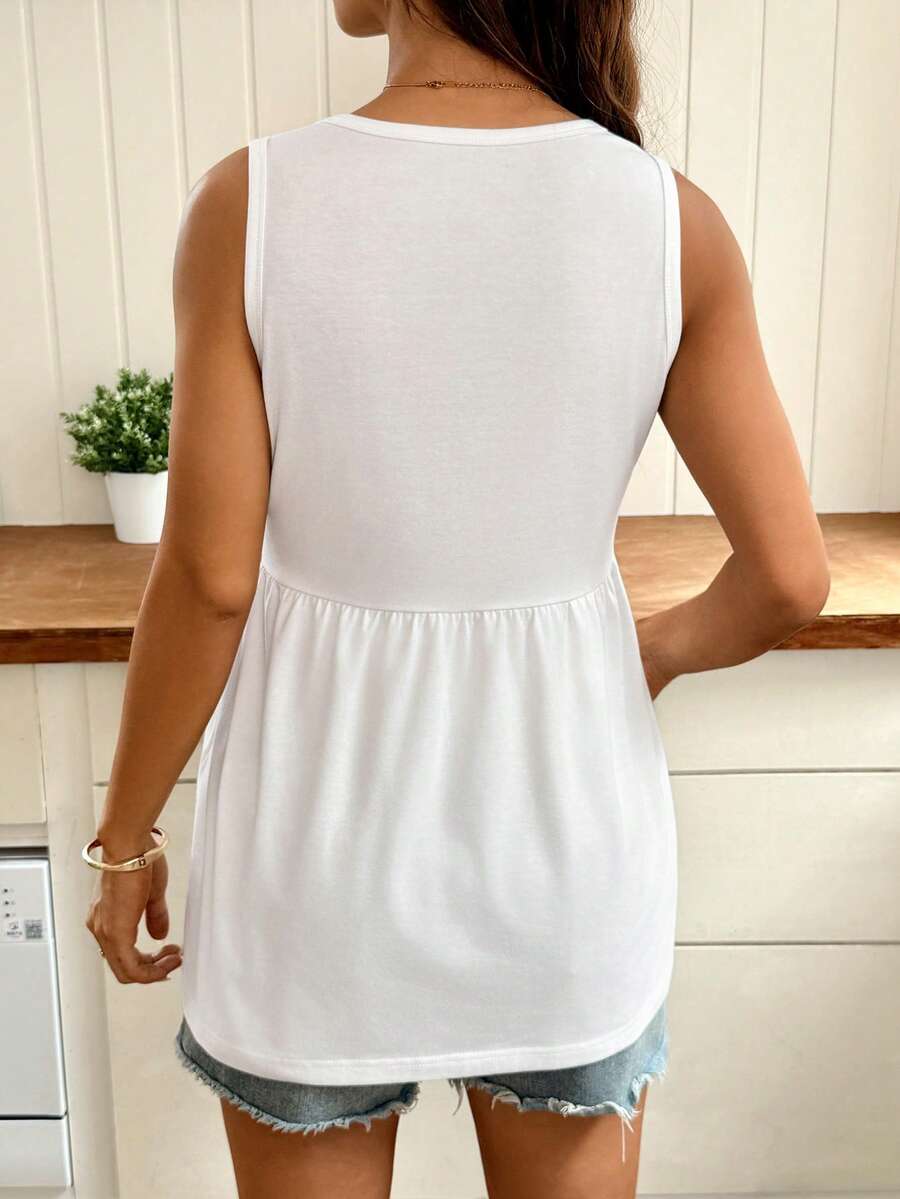 White Solid Babydoll Maternity Tank Top – Minimalist Round Neck Flared Hem Knitted Top for Casual Summer, Daily Commute, & Home Wear