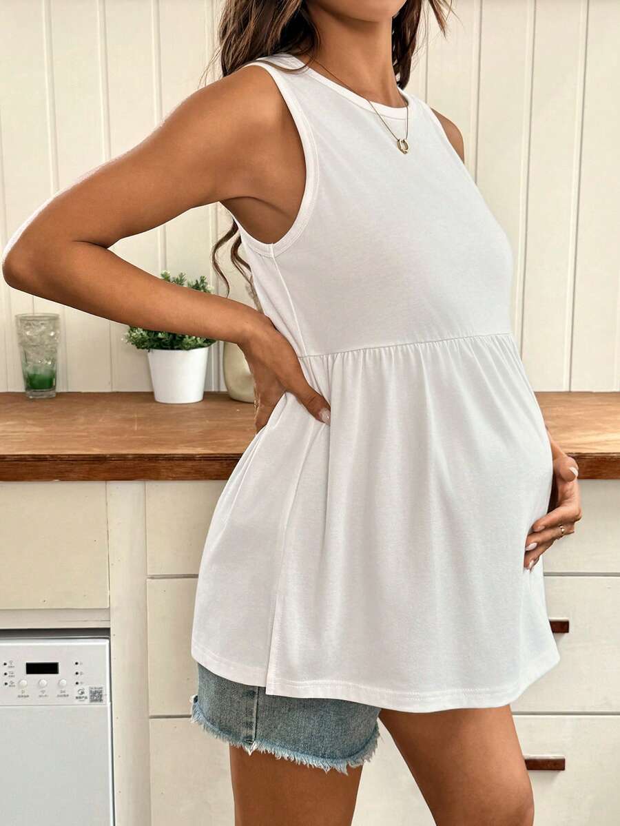 White Solid Babydoll Maternity Tank Top – Minimalist Round Neck Flared Hem Knitted Top for Casual Summer, Daily Commute, & Home Wear