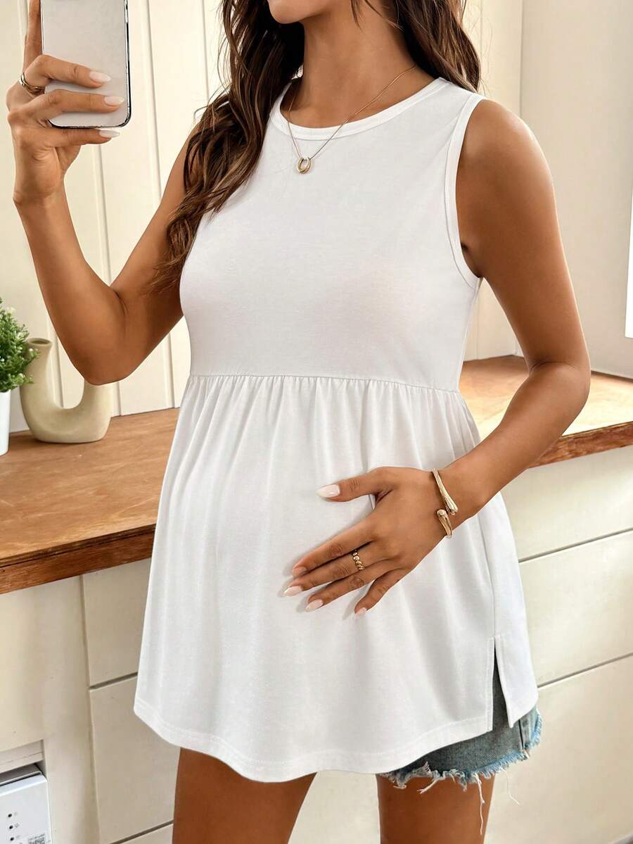 White Solid Babydoll Maternity Tank Top – Minimalist Round Neck Flared Hem Knitted Top for Casual Summer, Daily Commute, & Home Wear
