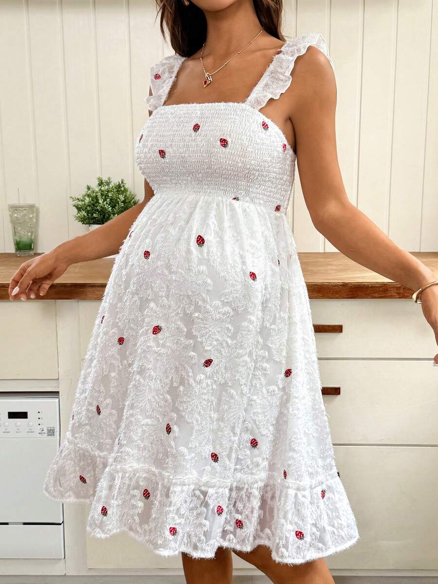 White Strawberry Embroidery Maternity Mini Dress with Spaghetti Straps Puff Sleeves and Ruffle Hem Boho High Waist A-Line Summer Sundress