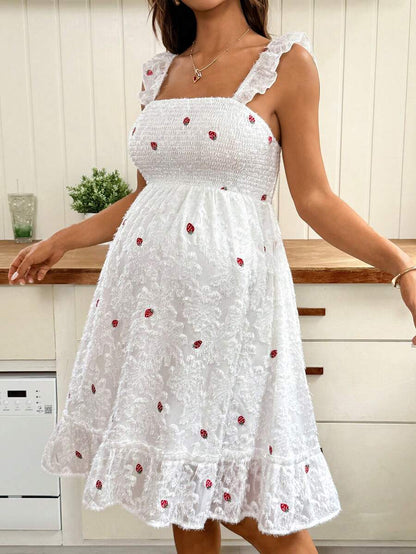 White Strawberry Embroidery Maternity Mini Dress with Spaghetti Straps Puff Sleeves and Ruffle Hem Boho High Waist A-Line Summer Sundress