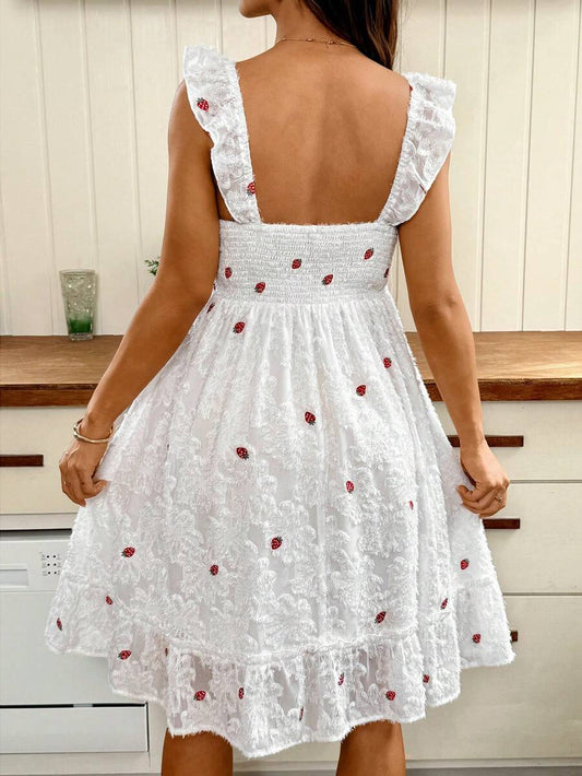 White Strawberry Embroidery Maternity Mini Dress with Spaghetti Straps Puff Sleeves and Ruffle Hem Boho High Waist A-Line Summer Sundress