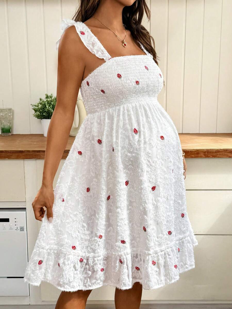 White Strawberry Embroidery Maternity Mini Dress with Spaghetti Straps Puff Sleeves and Ruffle Hem Boho High Waist A-Line Summer Sundress