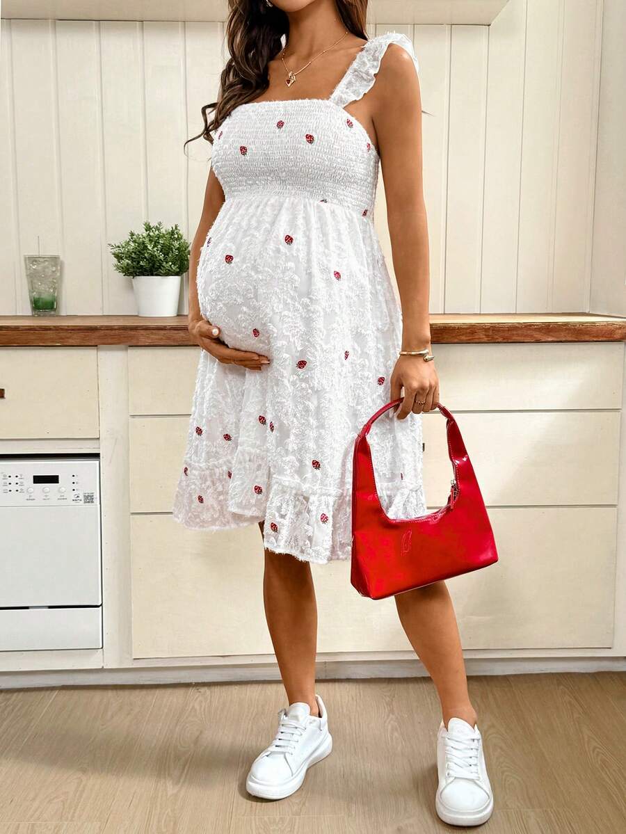 White Strawberry Embroidery Maternity Mini Dress with Spaghetti Straps Puff Sleeves and Ruffle Hem Boho High Waist A-Line Summer Sundress