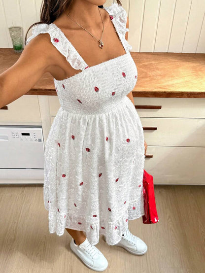 White Strawberry Embroidery Maternity Mini Dress with Spaghetti Straps Puff Sleeves and Ruffle Hem Boho High Waist A-Line Summer Sundress