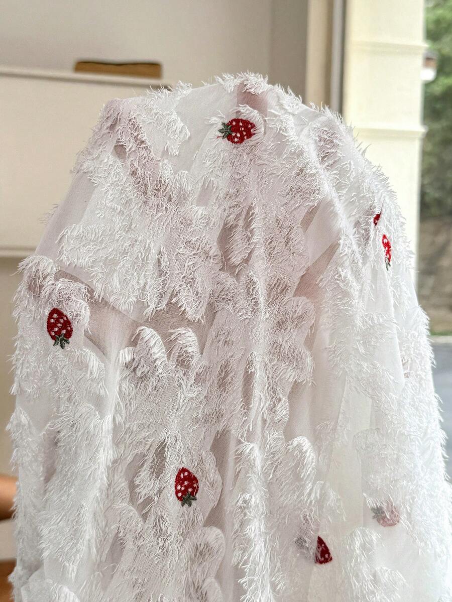 White Strawberry Embroidery Maternity Mini Dress with Spaghetti Straps Puff Sleeves and Ruffle Hem Boho High Waist A-Line Summer Sundress