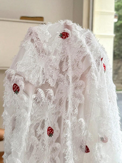 White Strawberry Embroidery Maternity Mini Dress with Spaghetti Straps Puff Sleeves and Ruffle Hem Boho High Waist A-Line Summer Sundress