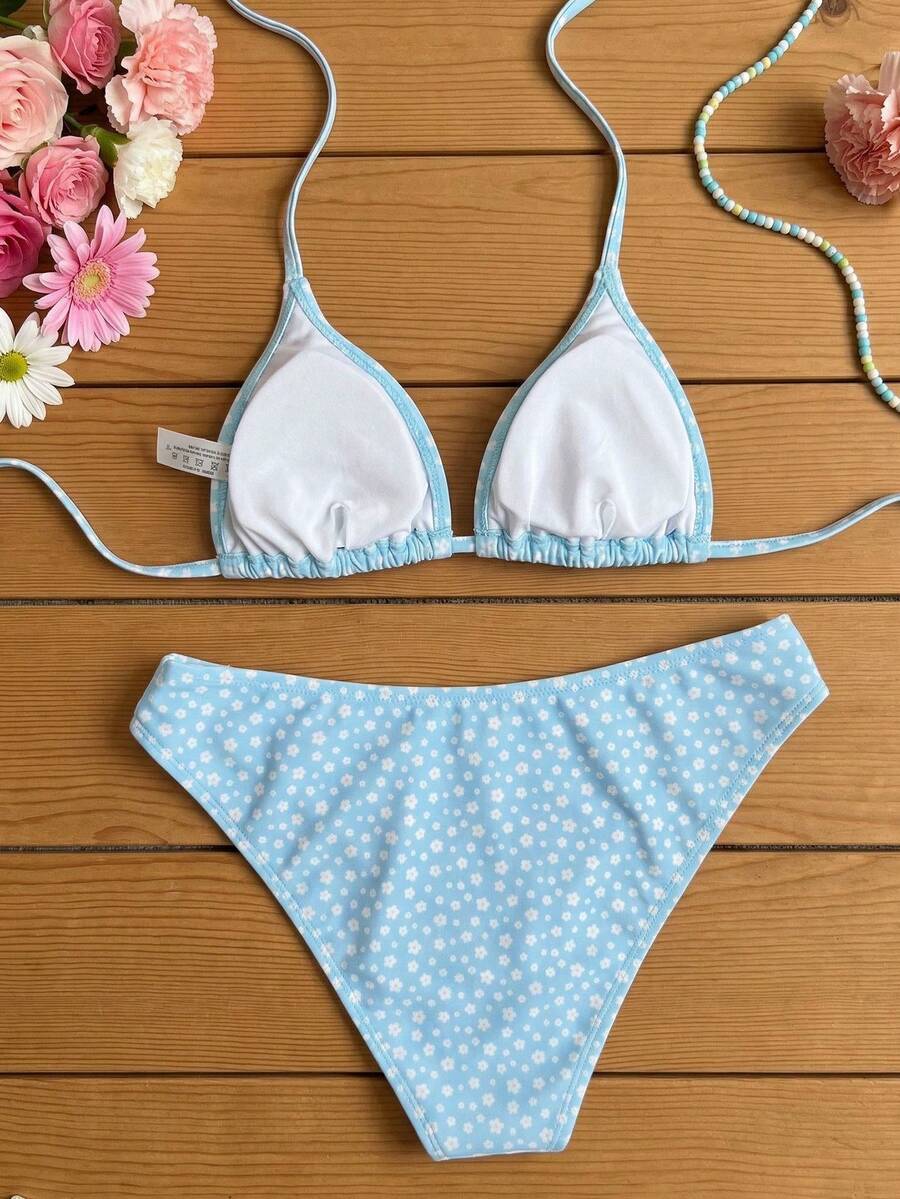 Swim Mod Women's Pink Polka Dot Print Halter Neck Low Waist Triangle Bikini Set, Summer Sexy Spring