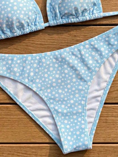 Swim Vcay Women's Summer New Contrast Color Striped Sexy Halter Triangle Cup Bikini Set